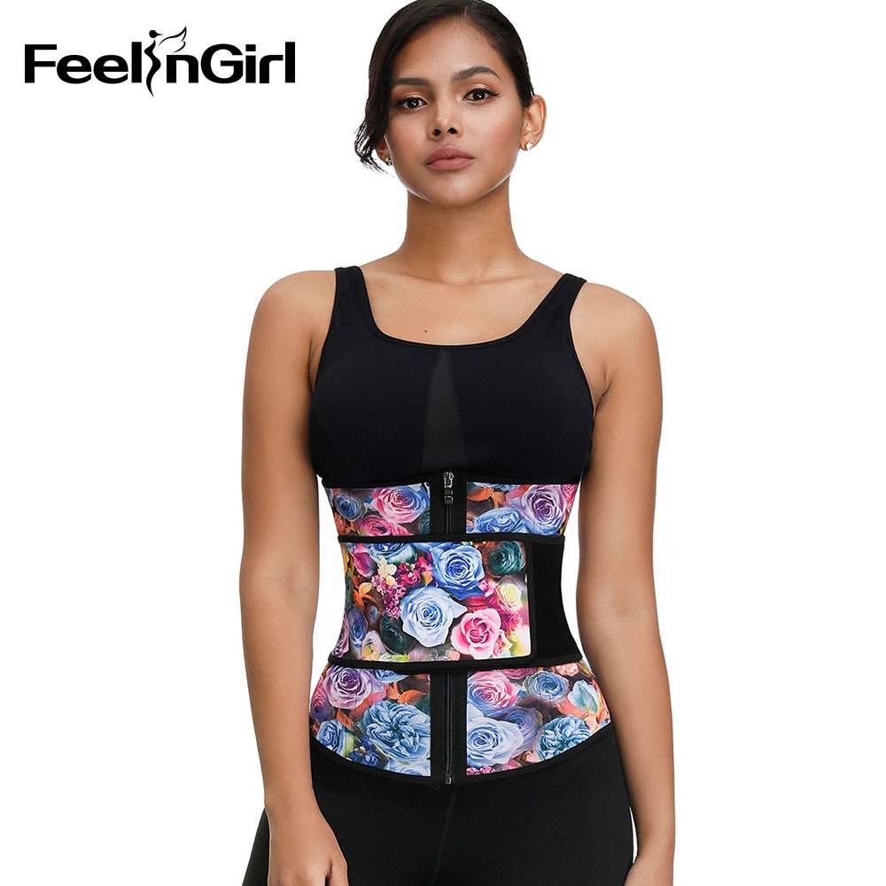 FeelinGirl Women 100% Latex Waist Trainer Fashion Rose Print Slimming Belt Tummy Control Body Shapers Underbust Waist Cincher CX200729