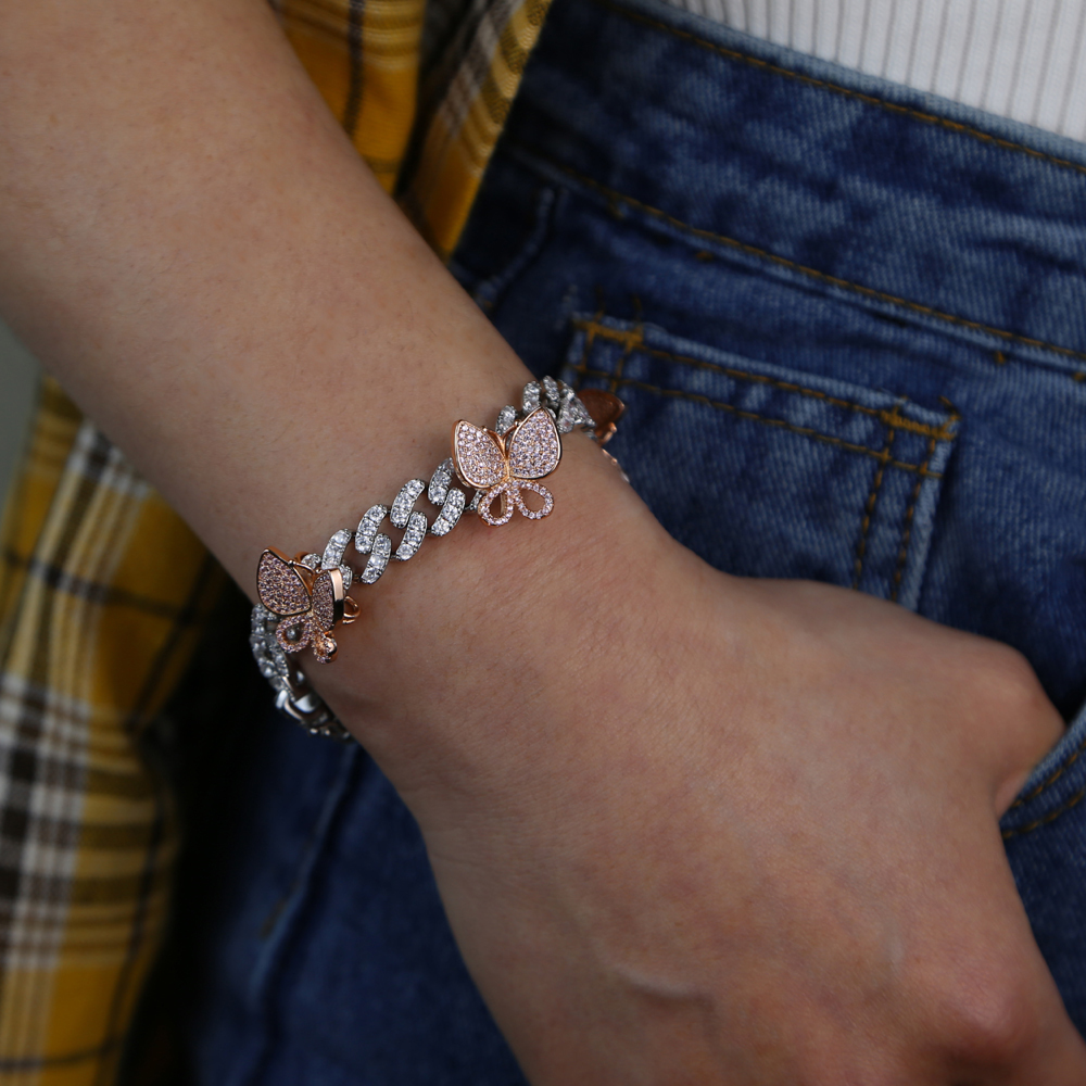 10mm Miami cuban link chain rose pink butterfly charm iced out CZ CUBAN women bracelet 17CM 19cm