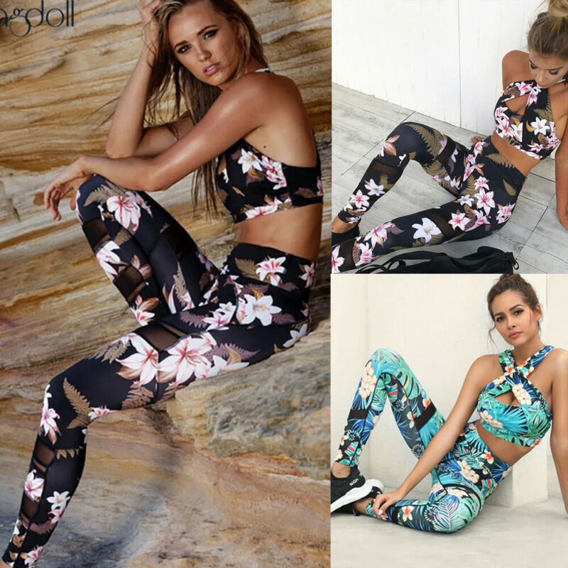 2020 2 piece set Women Sportswear Fitness Suit Gym Set Halter Crop Top Leggings Sport wear Gym Clothing Home excercise clothes T200606