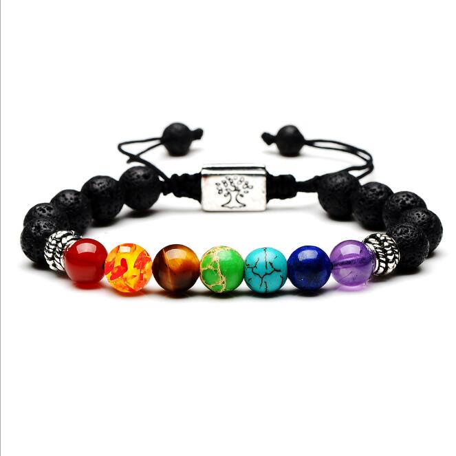 Yoga Handmade 7 Chakra Tree Of Life Charm Bracelets Lava Stones Beads Rope Black volcanic stone Bracelet GD413
