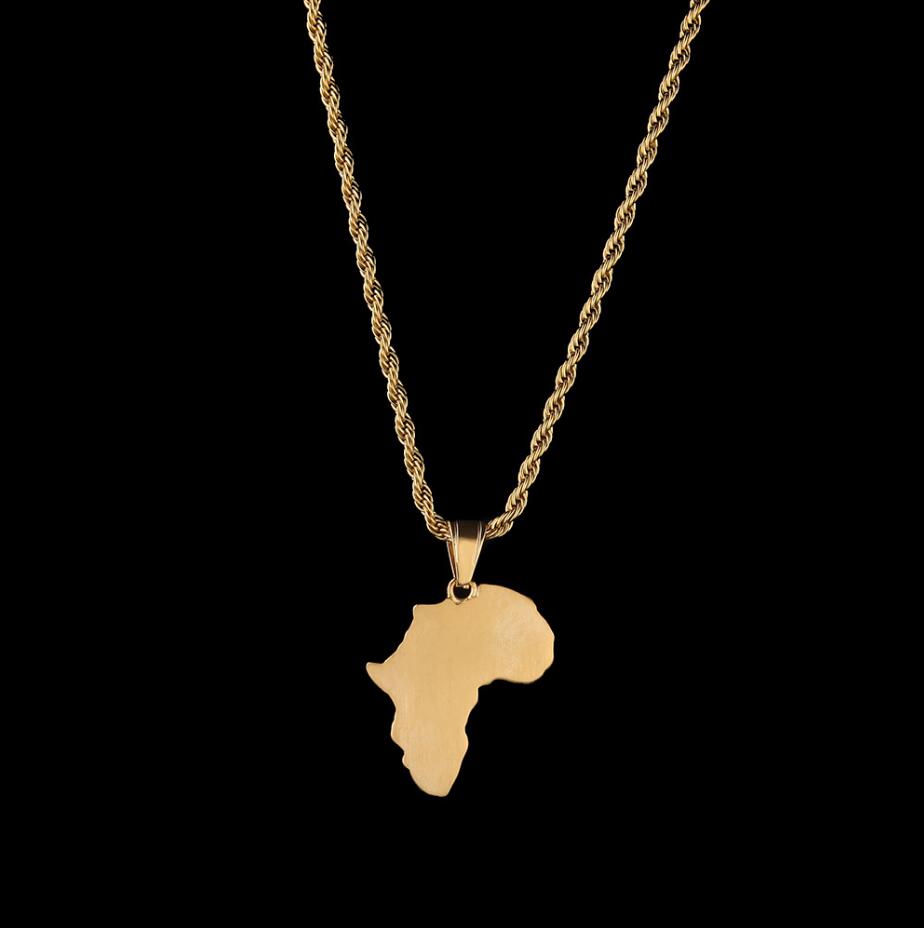 Hip Hop African Maps Full Drill Pendant Necklaces 14kK Gold Plated Set Auger Crystal Stainless Steel Necklace Mens Women Jewelry G