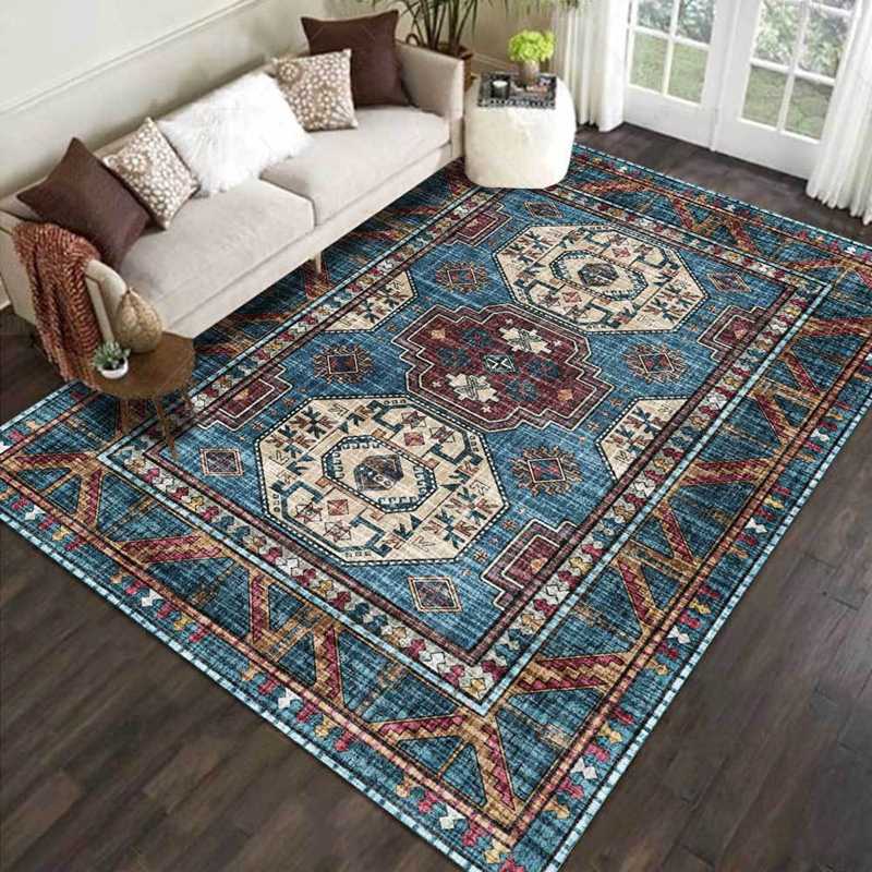 

Retro Persian Style Area Rugs Living Room Bedroom Non-Slip Floor Mat Absorbent Morocco Blue Geometric Ethnic Home Decor Carpets, Carpet1