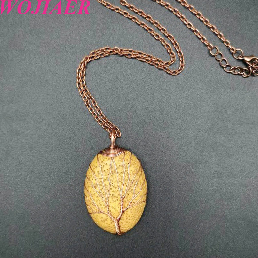 WOJIAER Retro Rose Gold Color Wire Wrap Natural Lava Stone Necklaces & Pendants Pendulum Volcanic Rock Oval Tree of Life Jewelry BV915