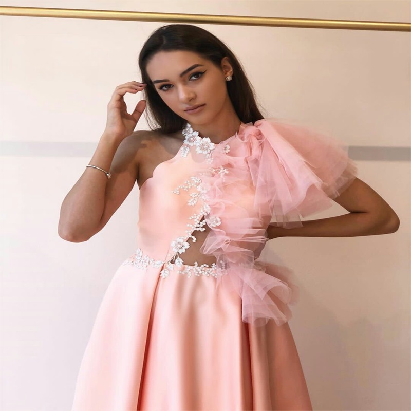 pink sexy hollow aline evening dresses sleeveless hand made flower formal prom dress ruched satin and tulle custom made long party gown