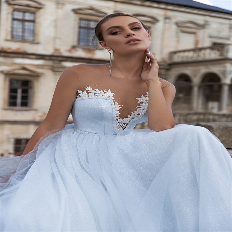 light sky blue bling aline wedding dresses illusion custom made backless appliqued sequins bridal gown sweep train boho bridal gown