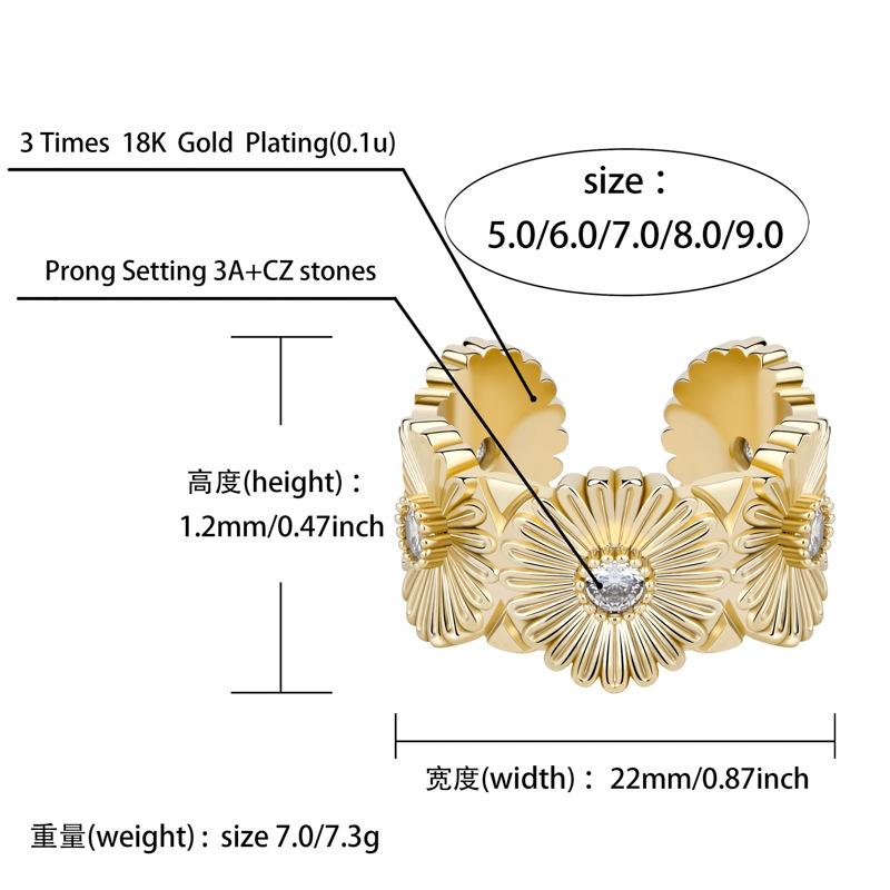 Daisy Mens Womens Flower Open Cuff Ring Band Hip Hop Real Gold Plated Bling Cubic Zirconia CZ Diamond Finger Rings Jewelry Gifts for Couples Bijoux