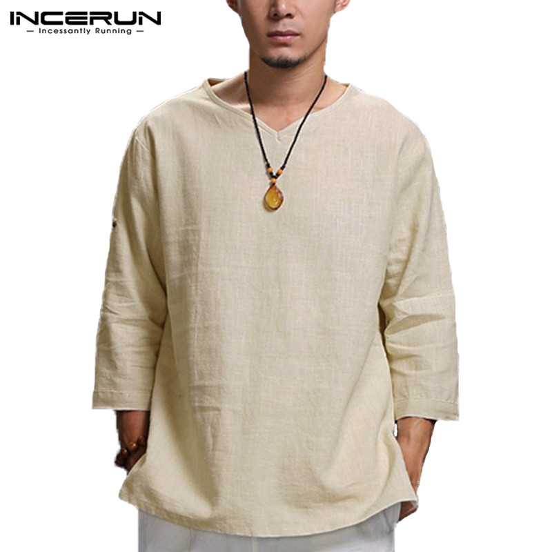 Plus Size 5XL Chinese Style T Shirt Men Solid Loose 3/4 Sleeve V-neck Tee Shirt Men Casual Cotton Vintage Mens T-shirt
