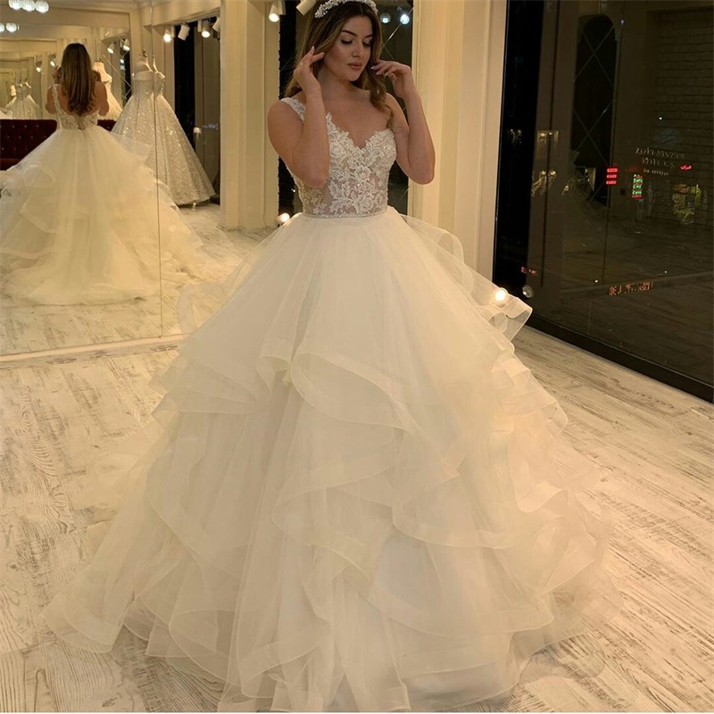 tiered tulle chapel aline wedding dresses sequins appliqued lace oneshoulder bridal gown sleeveless custom made long bridal gown