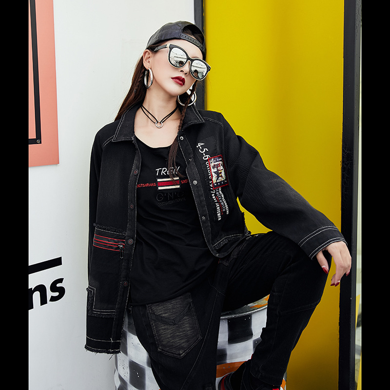 Autumn denim jacket women's spring cardigan single-breasted mid-length print zipper edge denim jacket, Black
Autumn denim jacket women's spring cardigan single-breasted mid-length print zipper edge denim jacket, Black