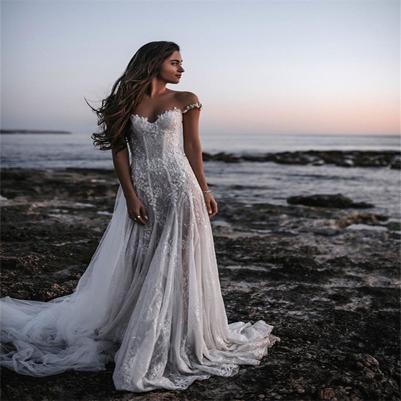 hot sale sexy offshoulder beach wedding dresses aline sleeveless illusion back appliqued lace sequins bridal gown bohemian bridal dress