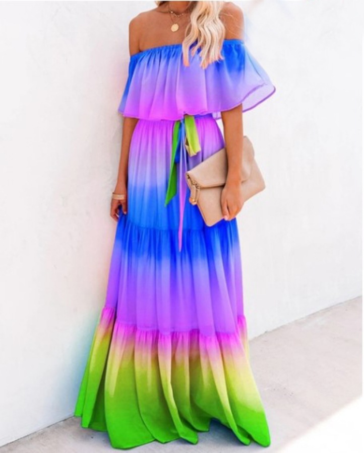 Independent Station European and American Womens Tie-Dye Stitching Positioning Printing Sexy off-Shoulder Large Swing Dress