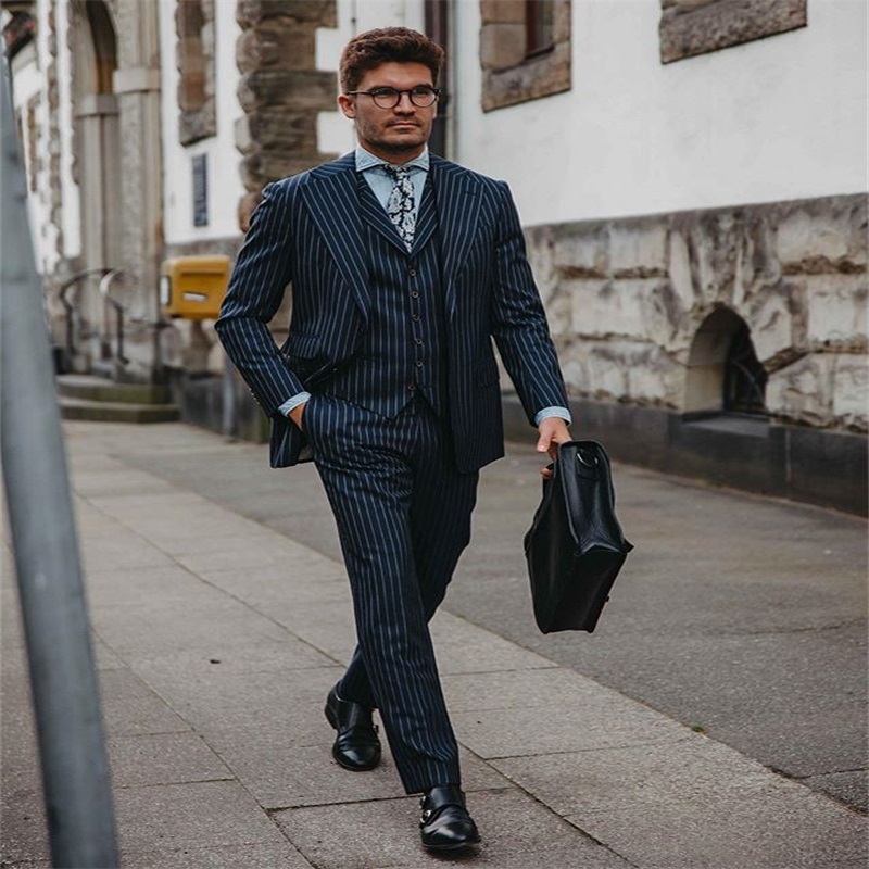 3piece gentlemen cotton blend navy stripe business party blazer suit peaked lapel formal wedding tuxedos slim fit men suits