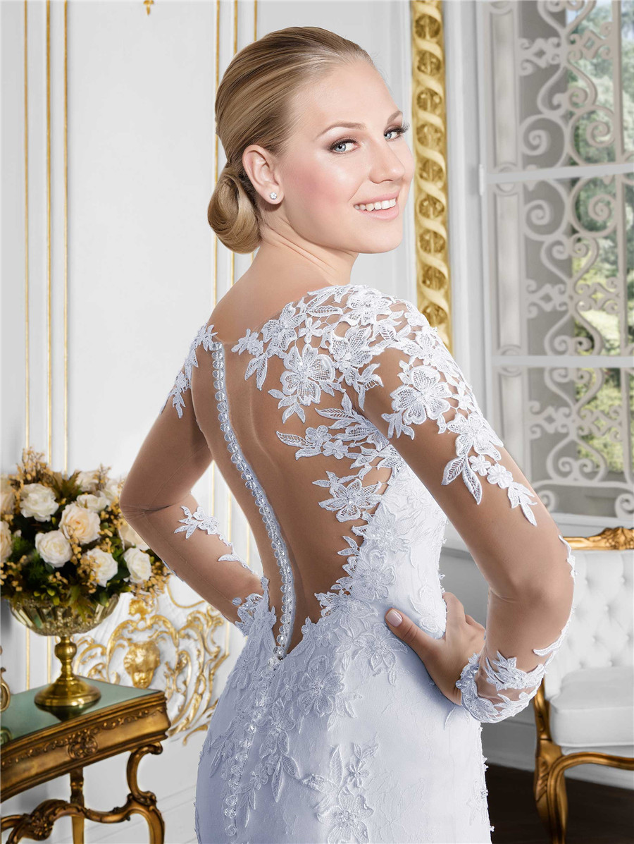 Sheer O-neck Long Sleeve Mermaid Wedding Dress 2020 See Through Illusion Back White Bridal Gowns with Lace Appliques