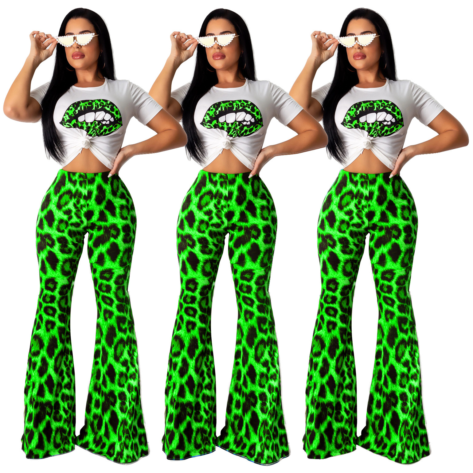 pants Spot 2023 European spring and summer fashion sexy leopard lips printed bell-bottom two-piece suit support mixed batch