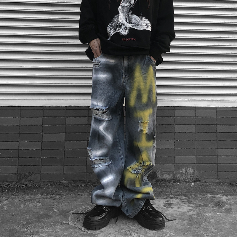 Men Paint Graffiti Holes Straight Jeans Trousers Male Streetwear Hip Hop Loose Denim Pant Full Length Zipper Mid Midweight, Black
Men Paint Graffiti Holes Straight Jeans Trousers Male Streetwear Hip Hop Loose Denim Pant Full Length Zipper Mid Midweight, Black