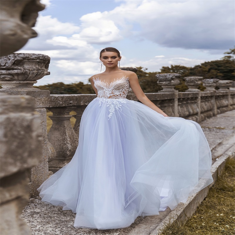 Newest Illusion Wedding Dresses Lavender Appliqued Lace A Line Wedding Gown Sexy Jewel Sleeveless Custom Made Bridal Dress Robes De Mariée