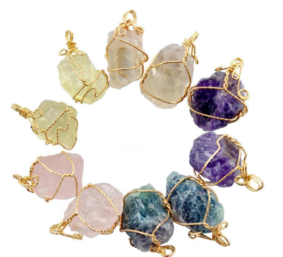 pretty Nature Stone Pendants amethyst Rose Quartz White crystal Lemon crystal fluorite Charms Stone For Necklace GD475