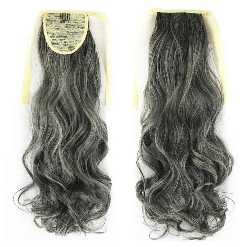 Natural Silver grey human hair ponytail hairpieces salt and pepper natural highlight ombre wavy wraps around gray virgin ponytail extension