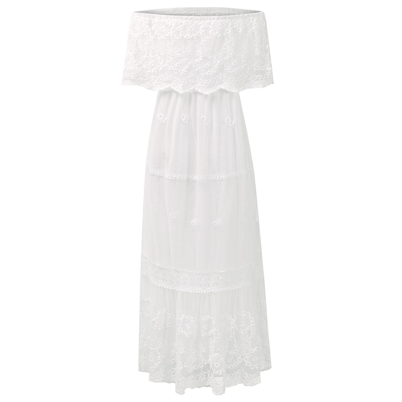 Women Lace Maxi Dresses Off Shoulder Solid White Long Dress Fashion Summer Flounce High Waist