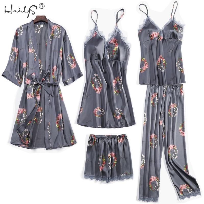 Women Pajamas 5 Pieces Satin Sleepwear Pijama Silk Home Wear Home Clothing Embroidery Sleep Lounge Pyjama Robe and Nightgown Set, Gray
Women Pajamas 5 Pieces Satin Sleepwear Pijama Silk Home Wear Home Clothing Embroidery Sleep Lounge Pyjama Robe and Nightgown Set, Gray