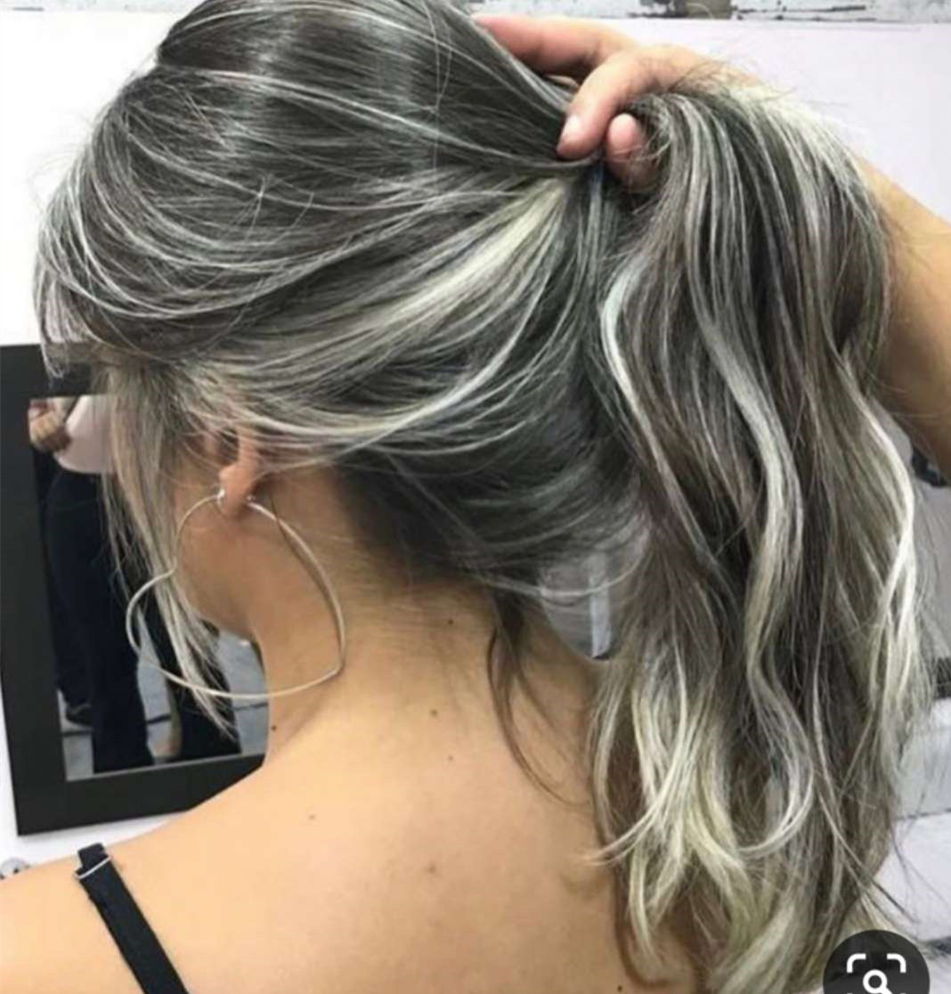 Custom Silver grey weave virgin hair pony tail human hairpiece wraps natural highlights gray wavy hair extension 120g