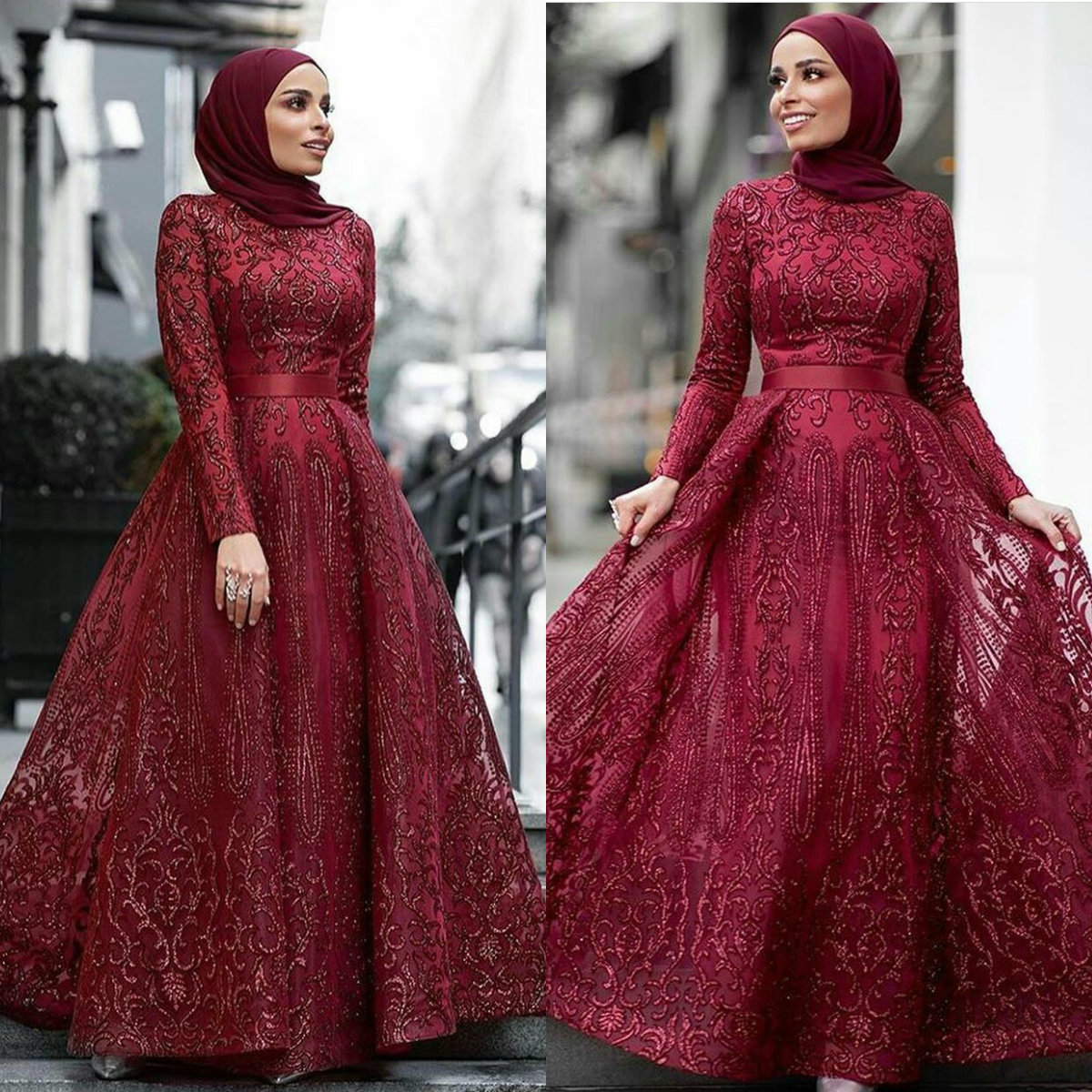Dark Red Muslim Prom Dresses Lace Beaded Dubai Floor Length Evening Gowns Vestidos 2020 Aibye Islamic Pageant Dress