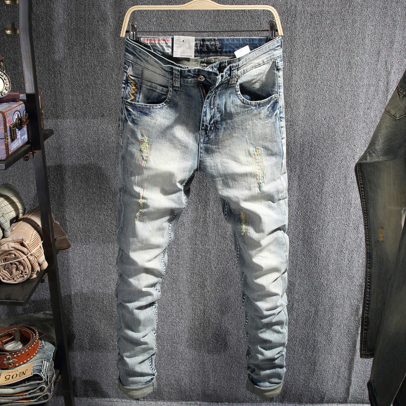 Newly Designer Fashion Men Jeans Light Blue Slim Fit Ripped Jeans Men Embroidery Denim Pants Streetwear Hip Hop Homme, Retro light blue