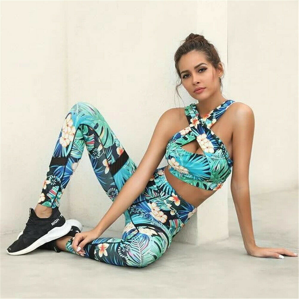2020 2 piece set Women Sportswear Fitness Suit Gym Set Halter Crop Top Leggings Sport wear Gym Clothing Home excercise clothes T200606