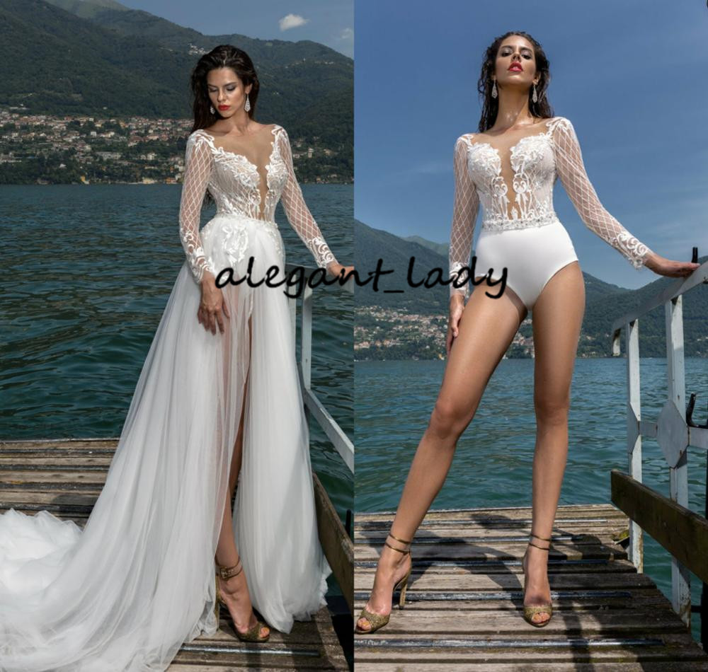 Sexy Beach Wedding Bodysuit Dress with Detachable Train 2021 Illusion Long Sleeve Lace Applique Holiday Bohemian Bride Dress Pant Suit