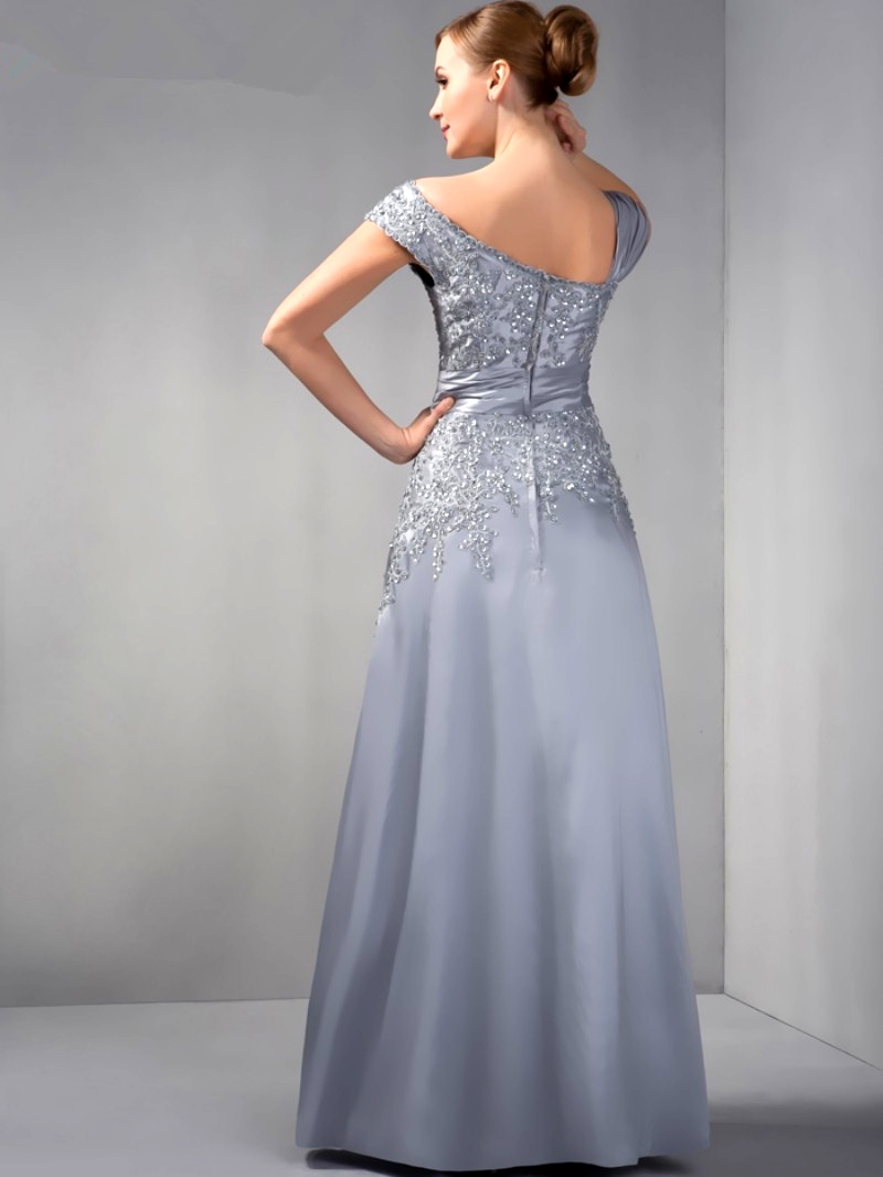 Gray Mother Of The Bride Dresses A-line Cap Sleeves Chiffon Lace Beaded Long Elegant Groom Mother's Dresses For Wedding Evening Dress