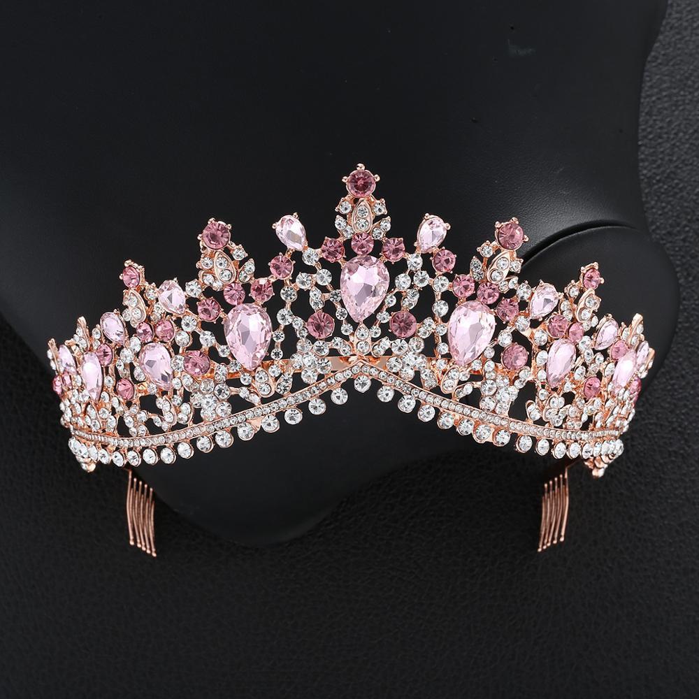 Baroque Rose Gold Pink Crystal Bridal Tiara Crown With Comb Pageant Prom Rhinestone Veil Tiara Headband Wedding Hair Accessories Y200727