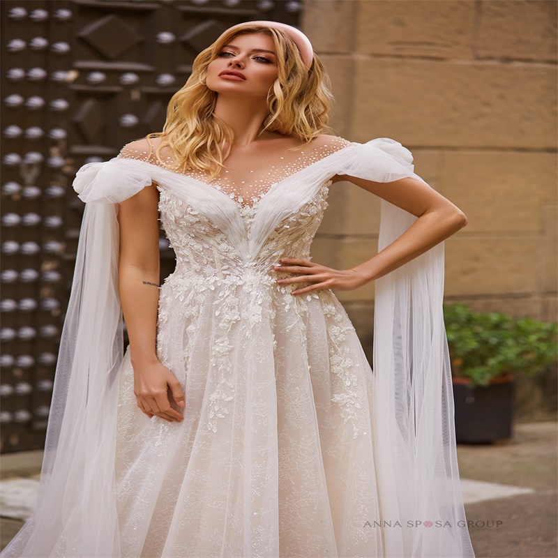 Gorgeous Church Wedding Dresses Floral Appliqued Lace Sequins Off-Shoulder A Line Country Wedding Dress Custom Made Long Robes De Mariée