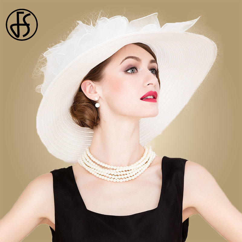 FS Black White Elegant Women Church Hats For Ladies Summer Flowers Large Brim Organza Hat Beach Sun Kentucky Derby Hat Fedora CX200714