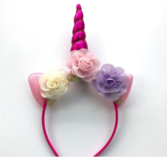 Children's headban Glitter Metallic Unicorn Headband Girls Chiffon Flowers Hairband For Kids leaf flower Unicorn Horn Party Hair Accessories