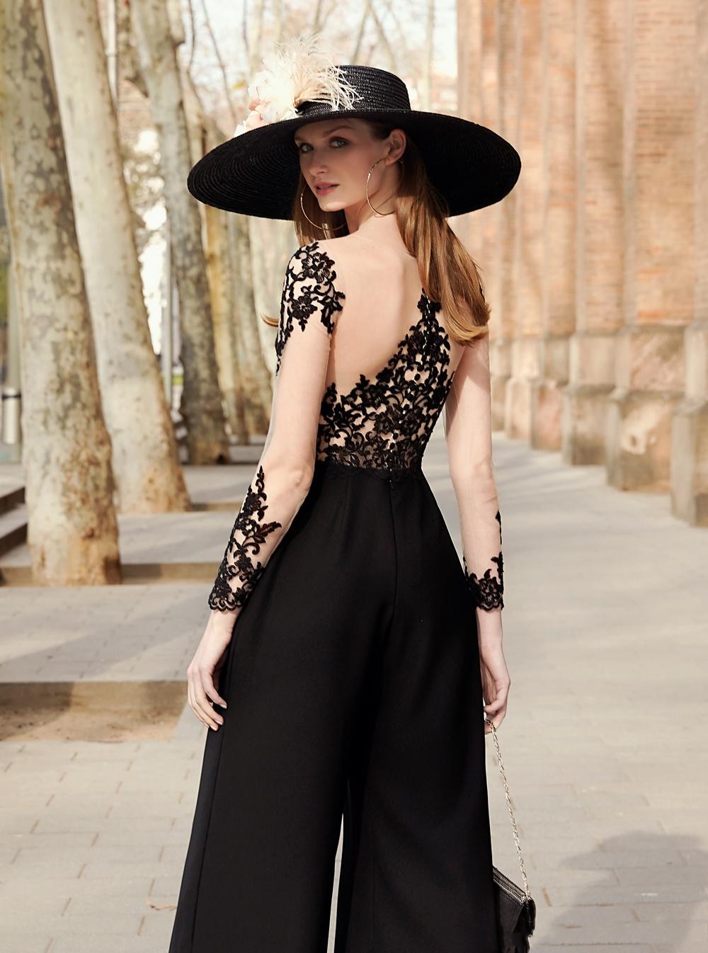 Black Evening Jumpsuit Prom Wear Lace Applique O Neck Long Illusion Sleeves Formal Prom pant suit wear Vestidos De Fiesta