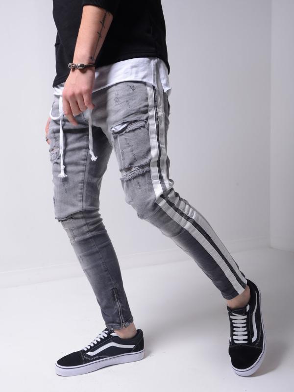 Men's Jeans Ripped Pencil Pants Men Skinny Denim Biker Side Striped Destroyed Hole Hip Hop Slim Fit Man Scratched Jean Hombre
