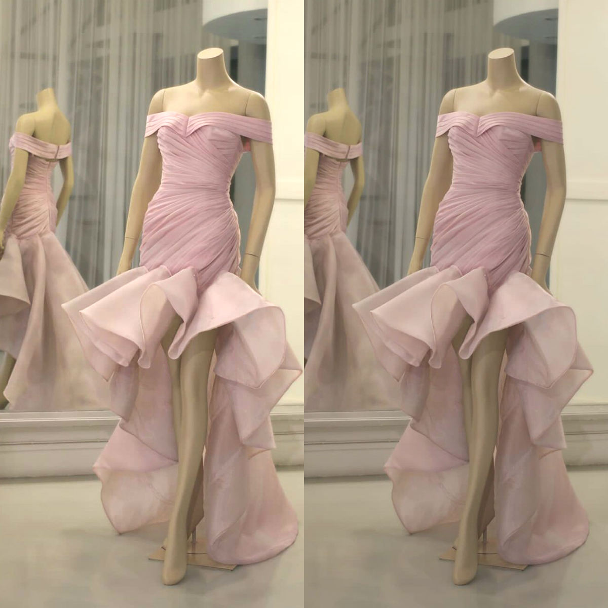 Elegant Pink Evening Dresses Sheath Hi-Lo Ruffles Party Gown Satin Cheap SweepTrain Formal Prom Dress Custom Made Bridesmaid Dress