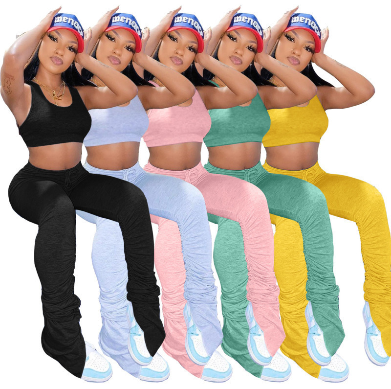 Women Two Piece Set Pleating Long Pant Summer Sexy Solid Color Tight Vest Outfits Sleeveless Top Flared Trousers Sports Leisure Suit, Black
Women Two Piece Set Pleating Long Pant Summer Sexy Solid Color Tight Vest Outfits Sleeveless Top Flared Trousers Sports Leisure Suit, Black