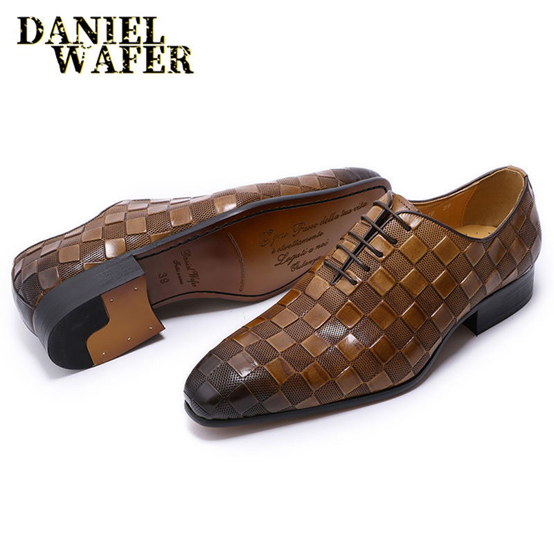 LUXURY ITALIAN LEATHER SHOES MEN NEW FASHION PLAID PRINTS LACE UP BLACK BROWN WEDDING OFFICE SHOES FORMAL OXFORD SHOES FOR MEN CX200731