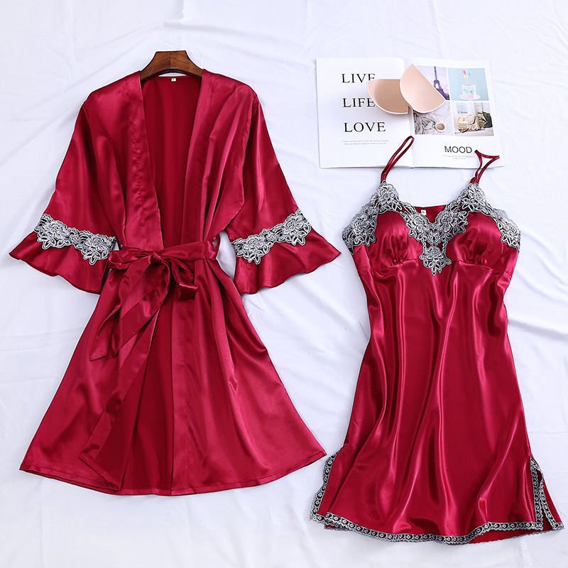 2020 Female Pajama Sets Woman Satin Embroidery Nightgown Sexy Lace Home wear Elegant Sleepwear with Chest Pads, Navy blue
2020 Female Pajama Sets Woman Satin Embroidery Nightgown Sexy Lace Home wear Elegant Sleepwear with Chest Pads, Navy blue