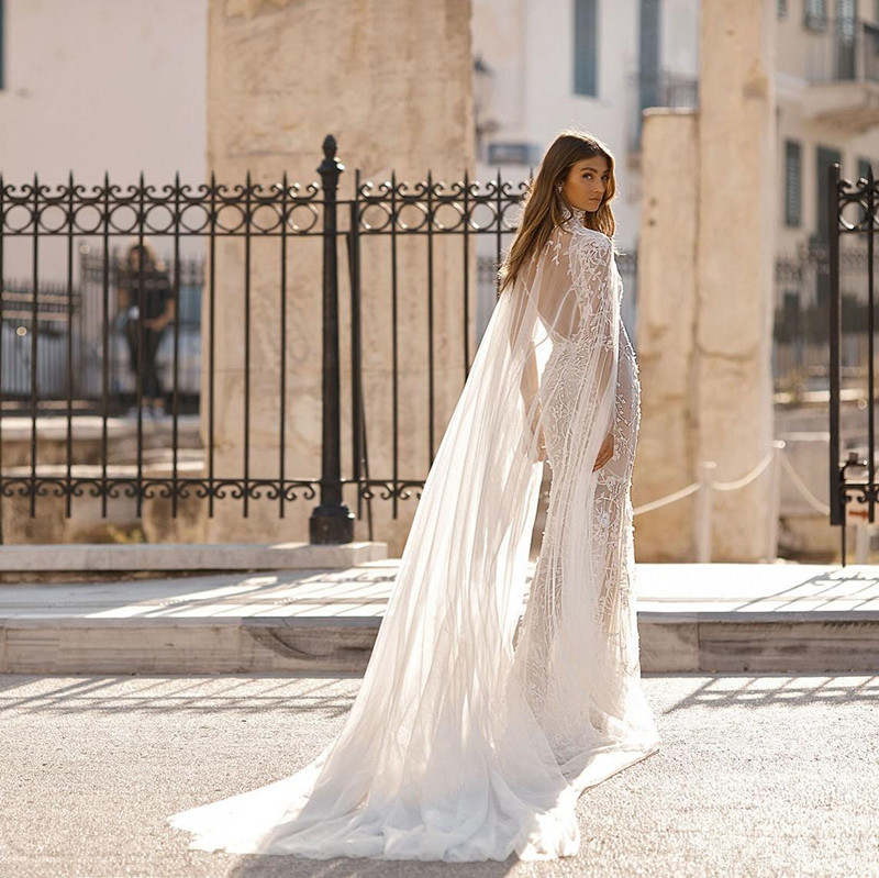 Sheer Long Sleeve berta Mermaid Wedding Dresses with High Neck Cape floral Appliques Open Back Beach Bridal Gown robe de marie
