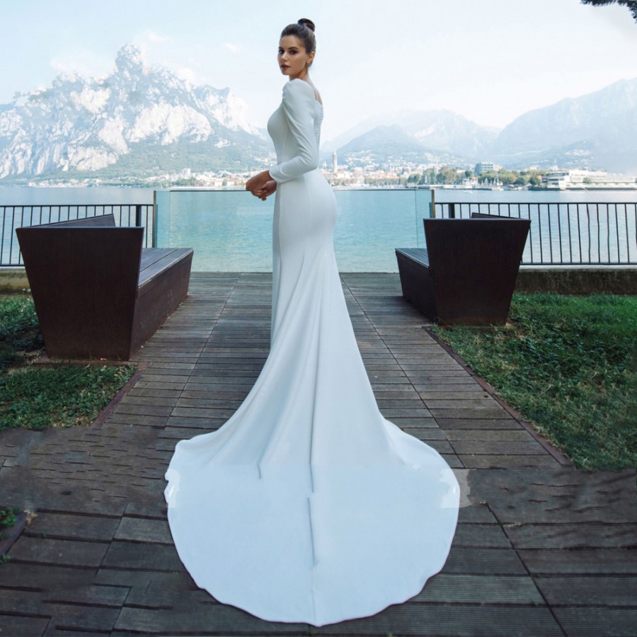 Wedding Dress Elegant Mermaid Square Collar Long Sleeve Satin Vestido de novia 2020 Button Princess Bridal Gown