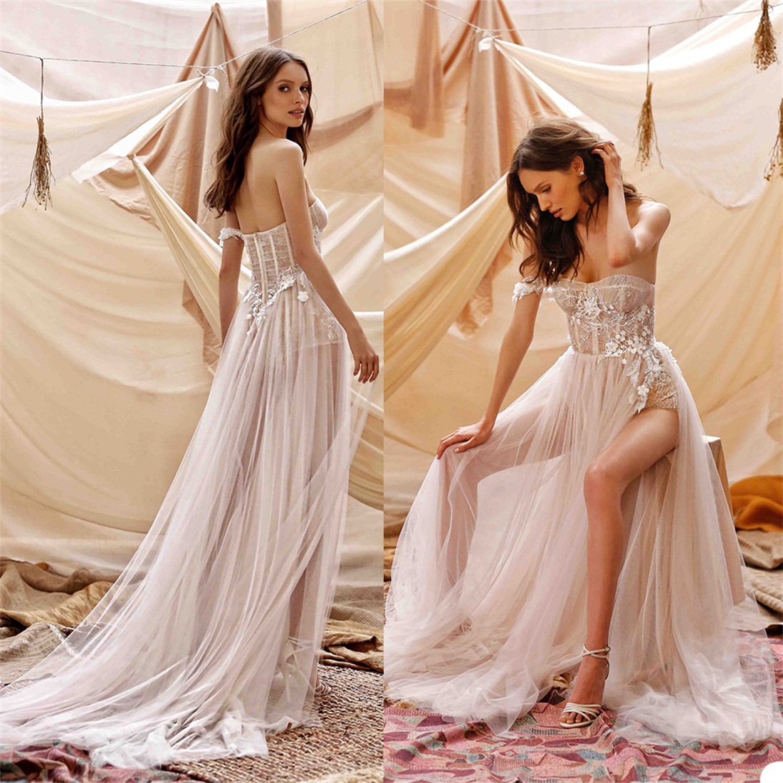 Berta 2021 Bohemian Wedding Dress One Shoulder High Side Split Lace Appliqued Beads Country Beach Boho Bridal Gowns vestidos de novia