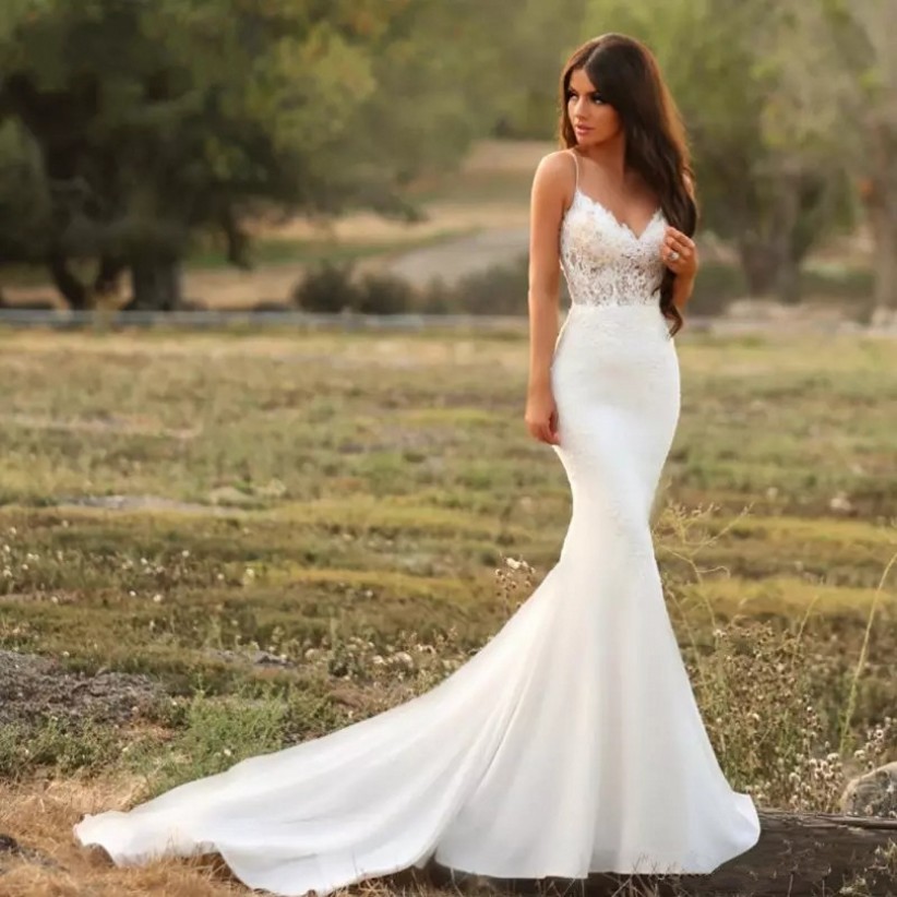 Mermaid Wedding Dress 2020 Lace Spaghetti Strap Open Back Zip Up Bridal Gown Modest Stain Beach vestido de noiva customize