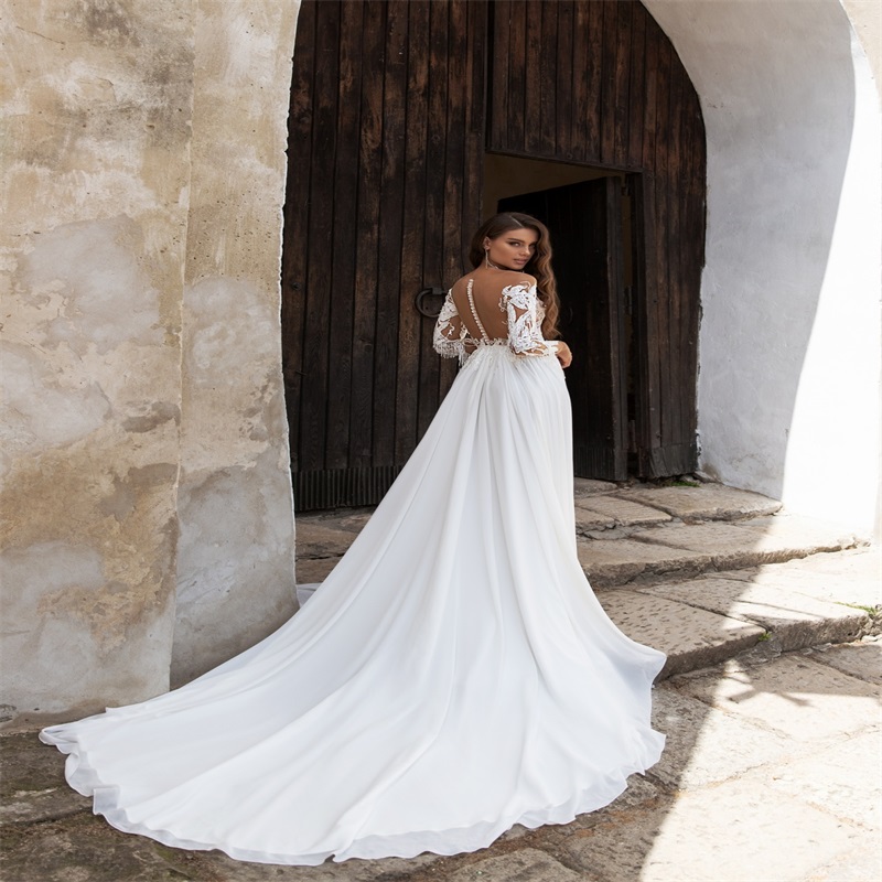 elegant long sleeves aline wedding dresses custom made lace tassel appliqued bridal gown hot sale bateau court train boho bridal gown