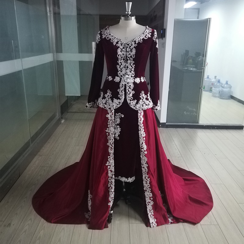 dark red Long Sleeves elegant Outfit Mermaid Evening Dresses v neck Lace Appliques Muslim Formal Prom Gowns Vestidos De Gala
