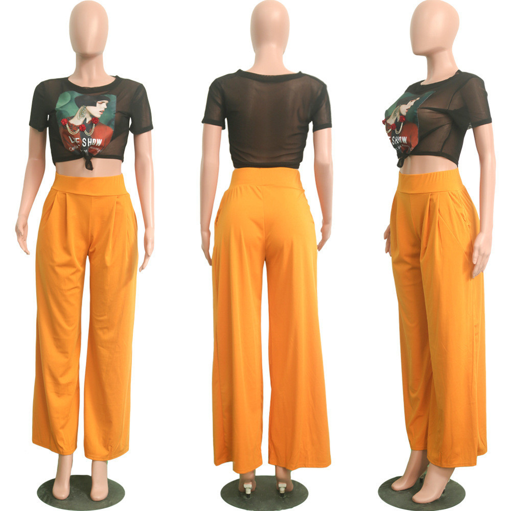 Women Casual Loose Palazzo Pants Autumn High Waisted Wide Leg Trousers Pleated Long Culottes Pants Elastic Waist Trouser Pockets T200729