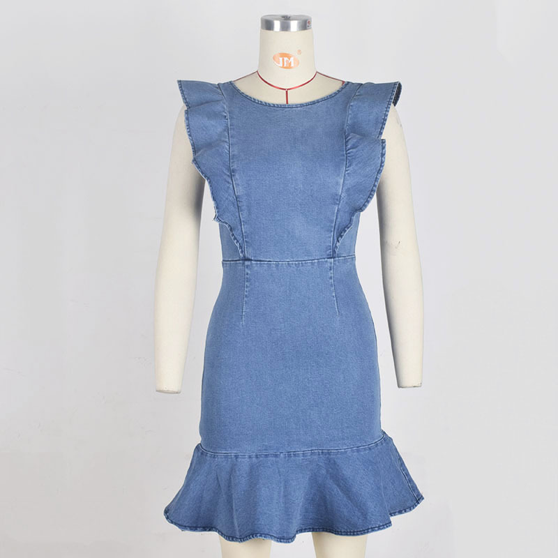 LgucH Unique Denim Dress Summer Sundress Backless Mini Jeans Dress Falbala Fashion Casual Women Clothes Blue New S XL T200319