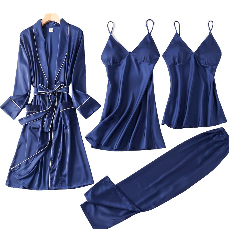 New 4 Pieces Women Pajamas Sets Faux Silk Pajamas Sleepwear Lace Women With breast pad Solid Color Nightdress Robe Sets, A2
New 4 Pieces Women Pajamas Sets Faux Silk Pajamas Sleepwear Lace Women With breast pad Solid Color Nightdress Robe Sets, A2