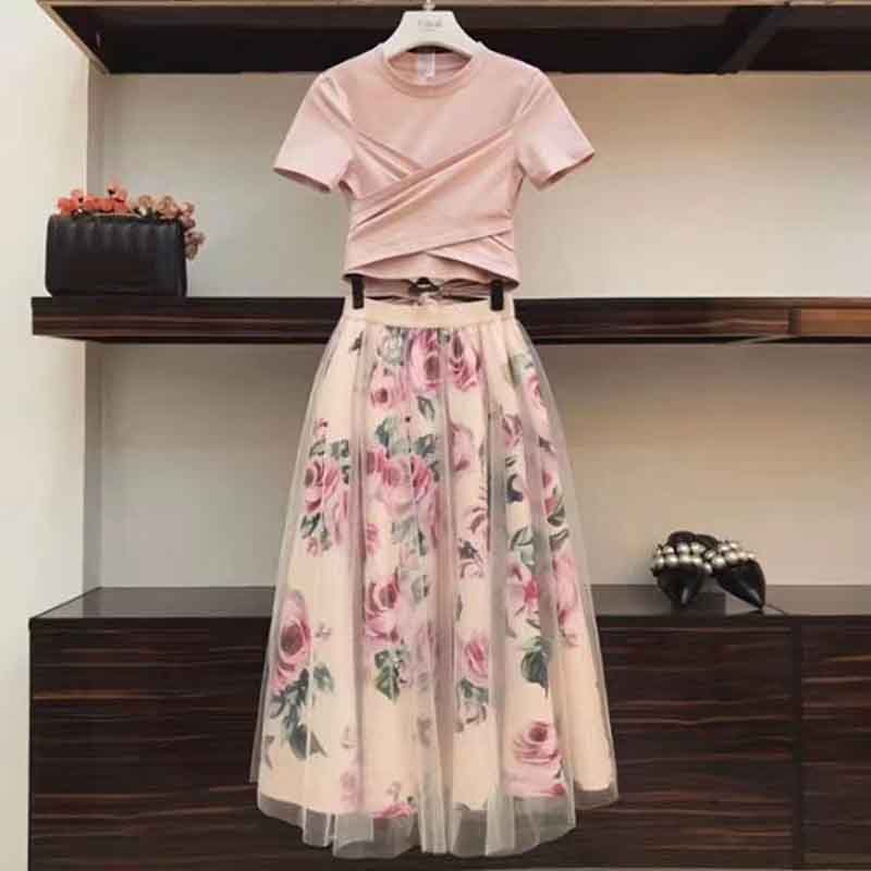 Women Flower Pring Mesh skirt and Cotton Irregular T-shirt Casual 2 Piece Set Bowknot Pink Crop Tops Floral Mid-clf Skirt Sets
Women Flower Pring Mesh skirt and Cotton Irregular T-shirt Casual 2 Piece Set Bowknot Pink Crop Tops Floral Mid-clf Skirt Sets